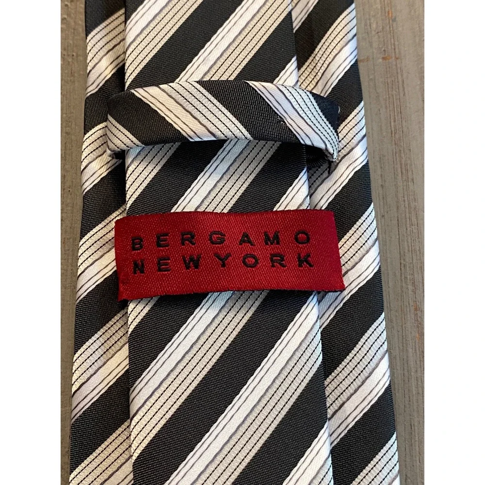 Bergamo New York Mens Necktie Black White Silver Striped Hand Made Polyester